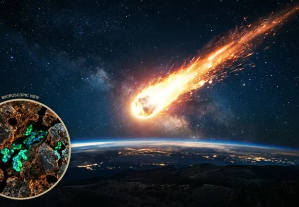 Representación artística de un meteorito entrando en la atmósfera con un detalle de bacterias resistentes en su interior sobre la panspermia