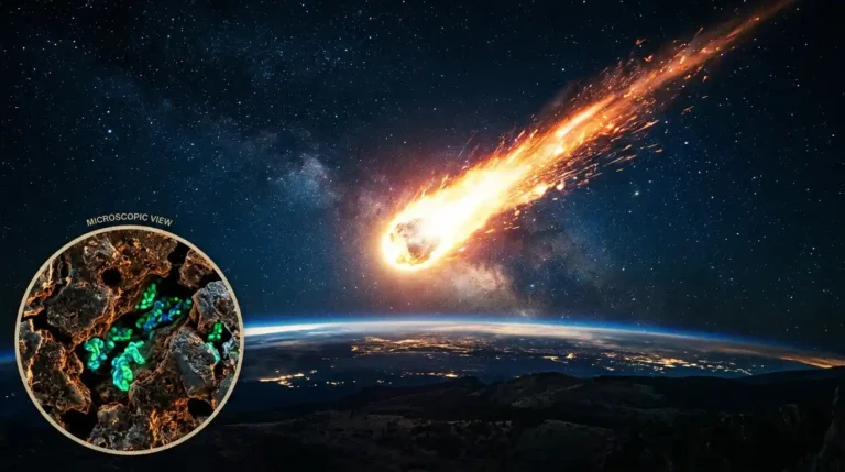 Representación artística de un meteorito entrando en la atmósfera con un detalle de bacterias resistentes en su interior sobre la panspermia