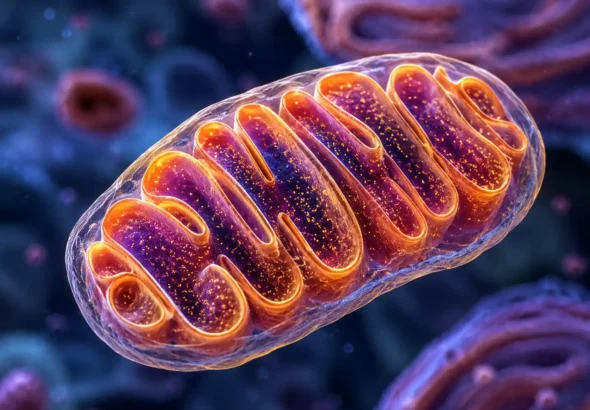 Imagen que muestra una mitocondría vista desde el microscopio. Recreación digital.
