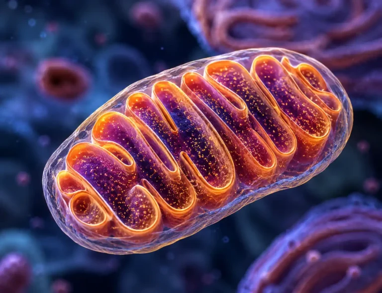 Imagen que muestra una mitocondría vista desde el microscopio. Recreación digital.