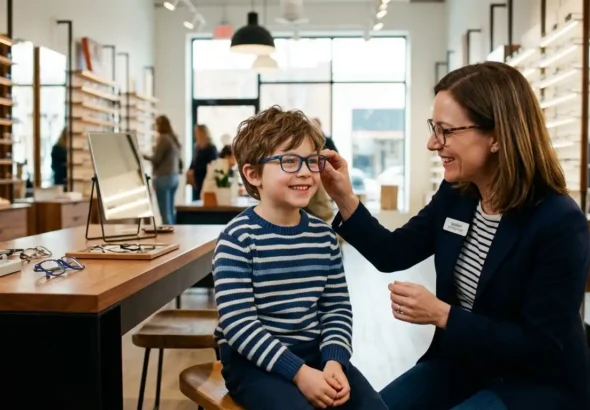 Niño en una óptica probando gafas con el Plan VEO