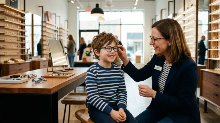 Niño en una óptica probando gafas con el Plan VEO