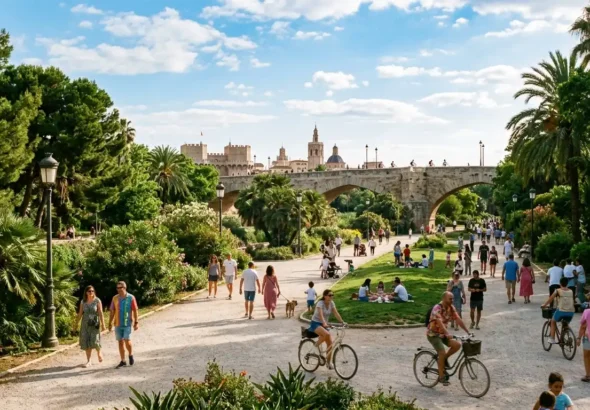 Imagen que muestra uno de los planes en Valencia para este mayo con el Jardí del Turia lleno de gente paseando y bicis