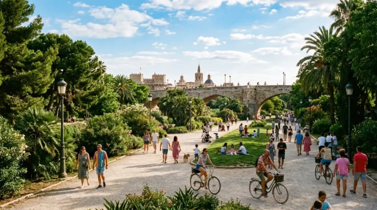 Imagen que muestra uno de los planes en Valencia para este mayo con el Jardí del Turia lleno de gente paseando y bicis