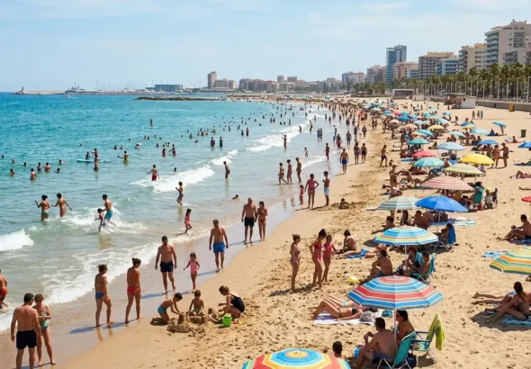 Recreación digital de un día de playa en Valencia con gente disfrutando en la arena y el agua.