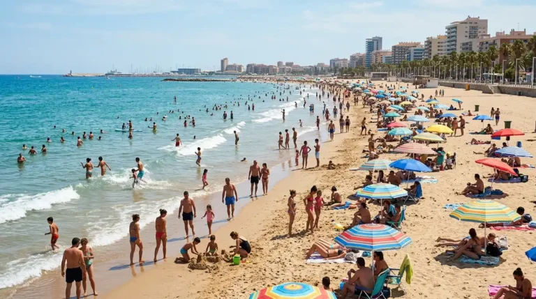 Recreación digital de un día de playa en Valencia con gente disfrutando en la arena y el agua.