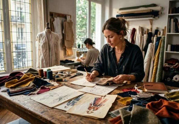 Una diseñadora está dibujando bocetos de moda y telas en un taller de diseño con luz cálida.