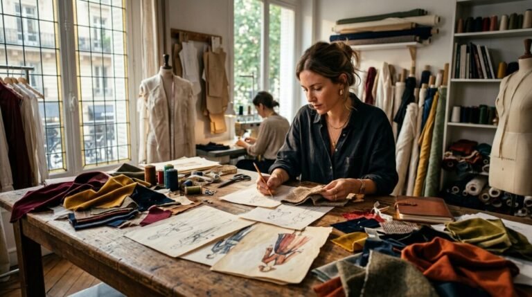 ¿Quién es el mejor diseñador de España? Se abre la carrera por el Premio Una diseñadora está dibujando bocetos de moda y telas en un taller de diseño con luz cálida.