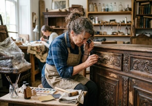 Restaurador de arte trabajando en una obra para optar al premio nacional de restauración.