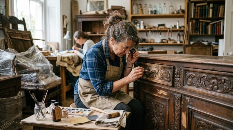 Restaurador de arte trabajando en una obra para optar al premio nacional de restauración.