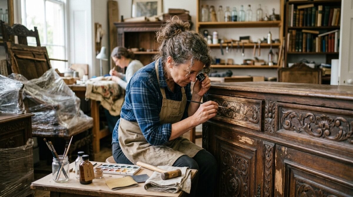 Los restauradores de arte ya pueden optar a un premio de 30.000 euros Restaurador de arte trabajando en una obra para optar al premio nacional de restauración.