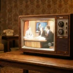 Imagen que muestra una televisión de los años 70 sobre una mesa con un programa de tv emitiendo