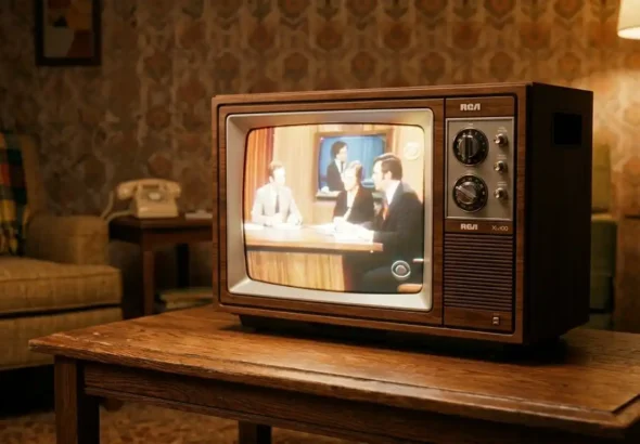 Imagen que muestra una televisión de los años 70 sobre una mesa con un programa de tv emitiendo