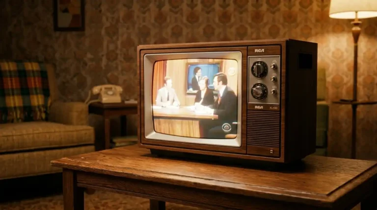 Imagen que muestra una televisión de los años 70 sobre una mesa con un programa de tv emitiendo