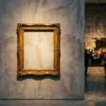 Marco dorado vacío en una galería de arte moderna, simbolizando la espera del nuevo ganador del Premio Velázquez.