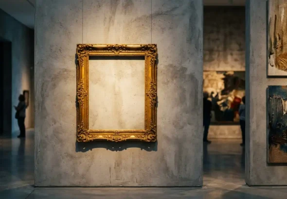 Marco dorado vacío en una galería de arte moderna, simbolizando la espera del nuevo ganador del Premio Velázquez.