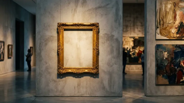 Marco dorado vacío en una galería de arte moderna, simbolizando la espera del nuevo ganador del Premio Velázquez.