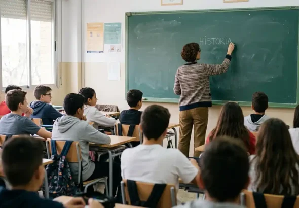 Una profesora está dando clase a los alumnos de secundaria en un colegio concertado de España con las nuevas tablas salariales de la enseñanza