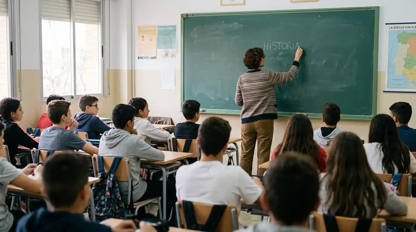 Una profesora está dando clase a los alumnos de secundaria en un colegio concertado de España con las nuevas tablas salariales de la enseñanza