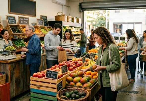 Imagen que muestra a una spersonas comprando en una fruteria en Valencia