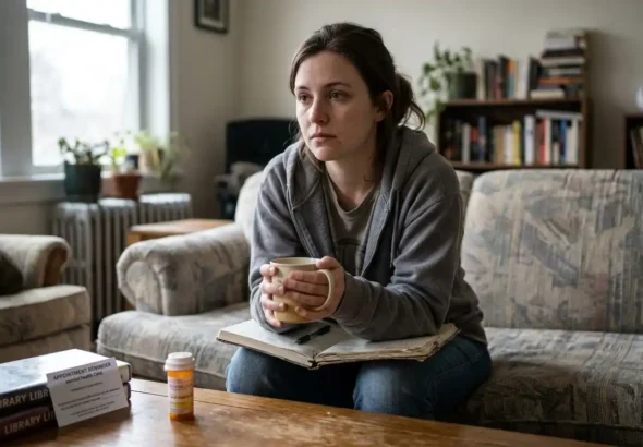 Una persona sentada en su sofá con problemas de salud mental sufriendo una depresión con cara de triste y una taza de café en la mano.