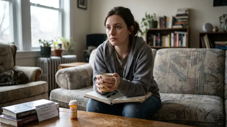 Una persona sentada en su sofá con problemas de salud mental sufriendo una depresión con cara de triste y una taza de café en la mano.