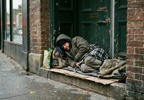 Imagen que muestra a una personas sinhogarismo durmiendo en un portal en madrid