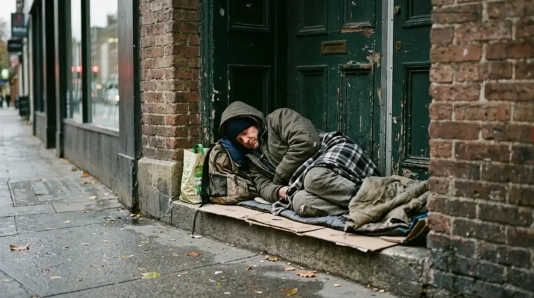 Imagen que muestra a una personas sinhogarismo durmiendo en un portal en madrid