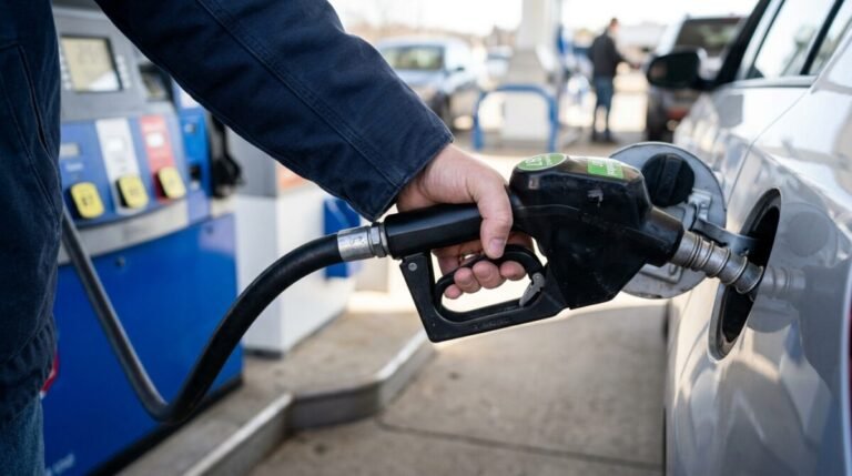 ¿Trabajas en Moeve? Estas son las nuevas ayudas por hijo y beneficios Imagen que muestra una persona con el surtidor de la gasolinera Moeve llenando el depósito de su coche