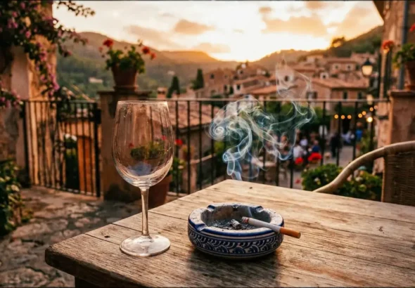Una imagen que muestra una copa con un cenicero al lado, y un cigarro de tabaco encendido.