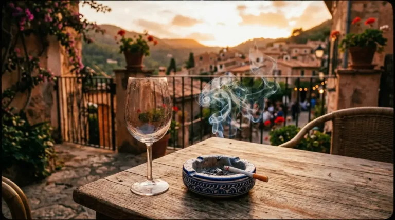 Una imagen que muestra una copa con un cenicero al lado, y un cigarro de tabaco encendido.