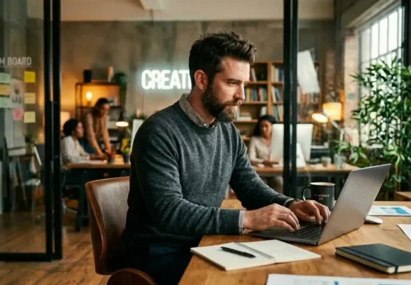 Una persona está trabajando en una mesa con un pc de una empresa de publicidad , expresando la subida de las nuevas tablas salariales