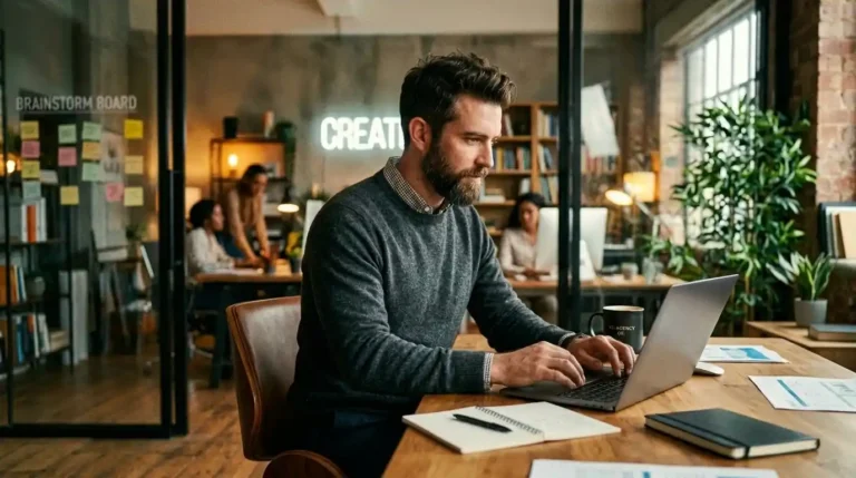 Una persona está trabajando en una mesa con un pc de una empresa de publicidad , expresando la subida de las nuevas tablas salariales