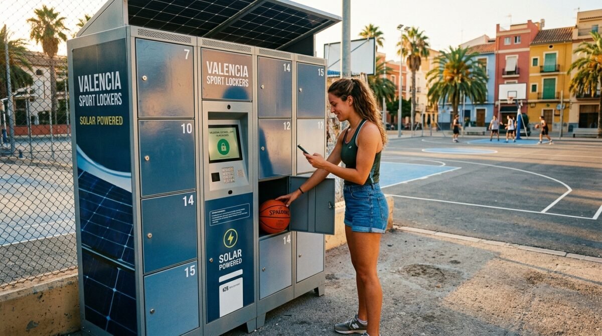 València estrena taquillas inteligentes para alquilar balones con el móvil Recreación digital que muestra una de las taquillas inteligentes instalada en Valencia