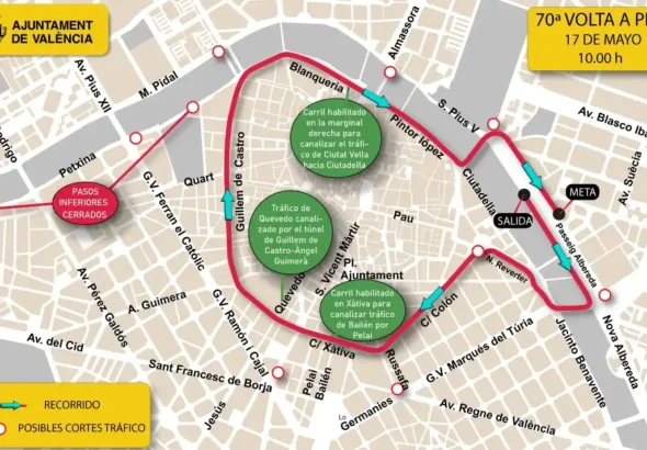 Imagen del mapa de cortes de tráfico de la Volta a Peu de Valencia 2026