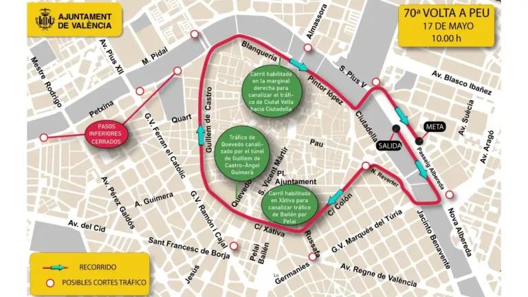Imagen del mapa de cortes de tráfico de la Volta a Peu de Valencia 2026