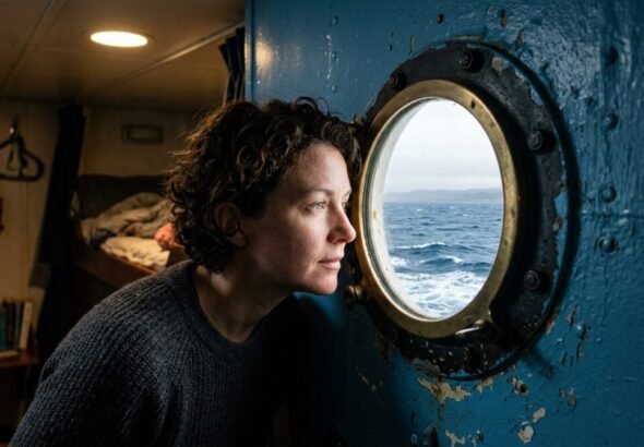 Imagen de una persona que esta mirando por la ventana redonda de su camarote