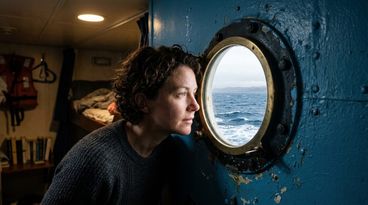Imagen de una persona que esta mirando por la ventana redonda de su camarote