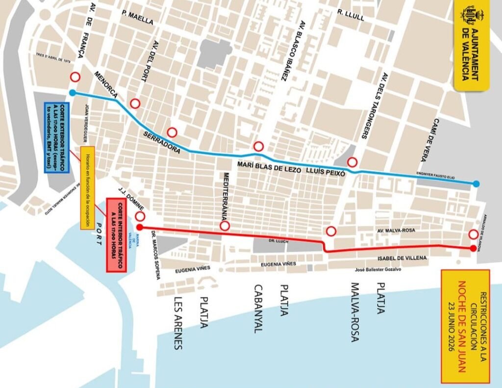 Guía de supervivencia para la noche de San Juan en Valencia: horarios, cortes y transporte Mapa de cortes para la noche de San Juan Valencia