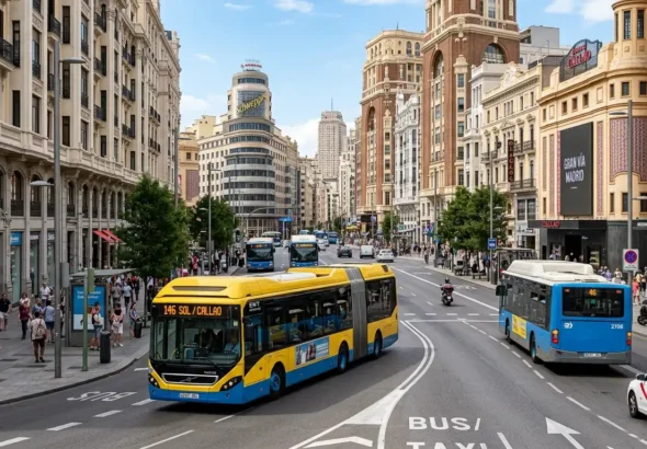 Imagen de una calle de Madrid con autobuses para el concierto de Bad Bunny el Madrid. Recreación digital.