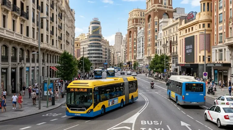 Imagen de una calle de Madrid con autobuses para el concierto de Bad Bunny el Madrid. Recreación digital.