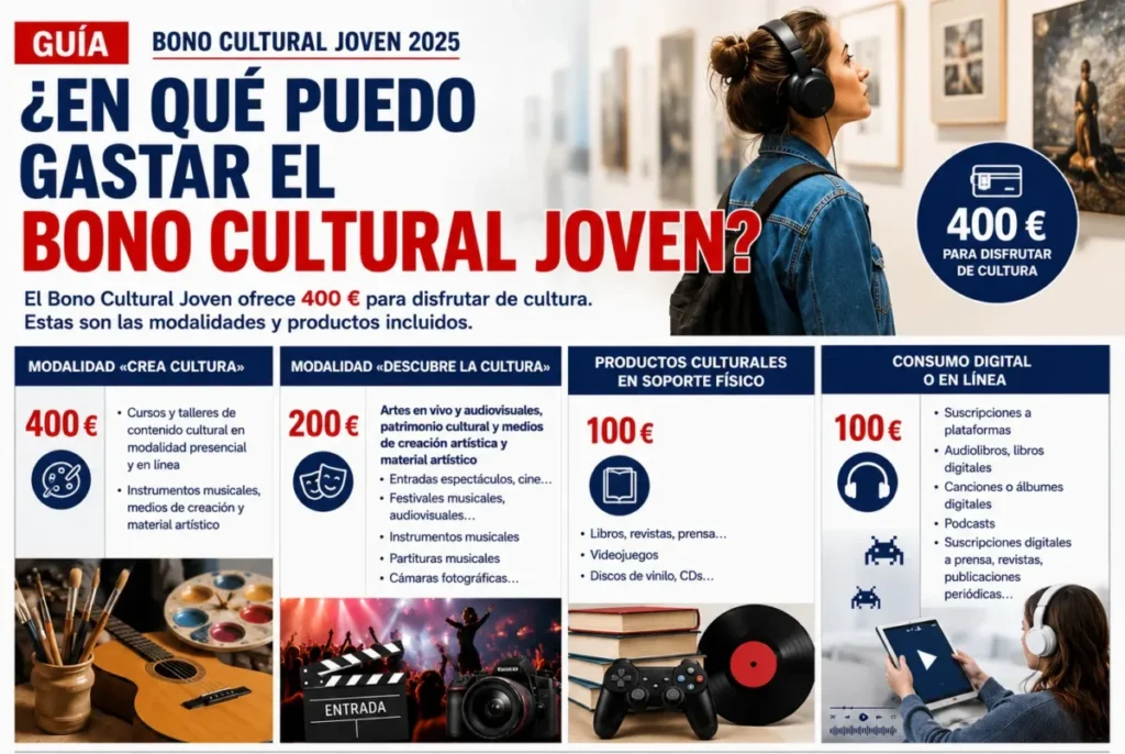 Cómo pedir los 400 euros del Bono Cultural Joven en 2026 y todas las novedades para gastarlo Imagen que muestra los datos de dónde te puedes gastar los 400€ del bono cultural joven