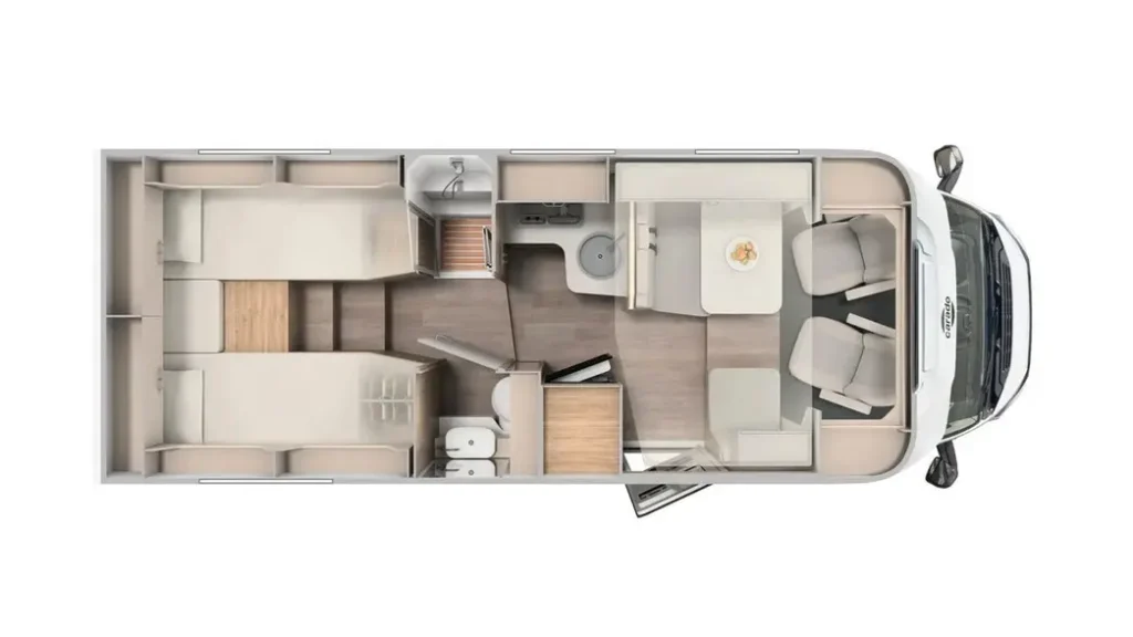 Ni hotel ni apartamento: la tendencia que arrasa para viajar por Andalucía este verano Imagen que muestra el plano del espacio y distribución con vista cenital de la autocaravana Carado T447