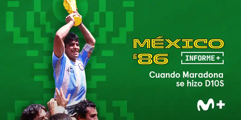 Imagen que muestra el cartel oficial del documental Mexico 86 con Diego Armando Maradona en la portada levantando la copa del Mundo