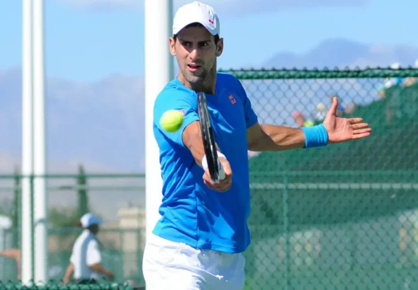 Imagen que muestra a Novak Djokovic en un campo con una raqueta golpeando la pelota