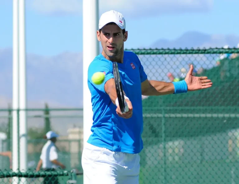 Imagen que muestra a Novak Djokovic en un campo con una raqueta golpeando la pelota