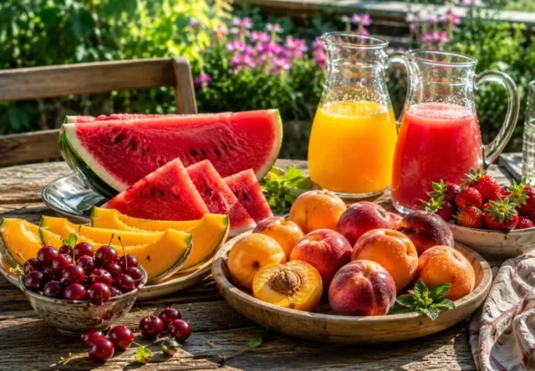 Imagen que muestra una mesa de jardín llena de frutas que hidratan en Verano y dos jarras con zumo