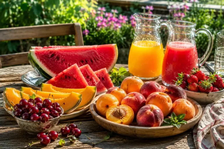 Imagen que muestra una mesa de jardín llena de frutas que hidratan en Verano y dos jarras con zumo