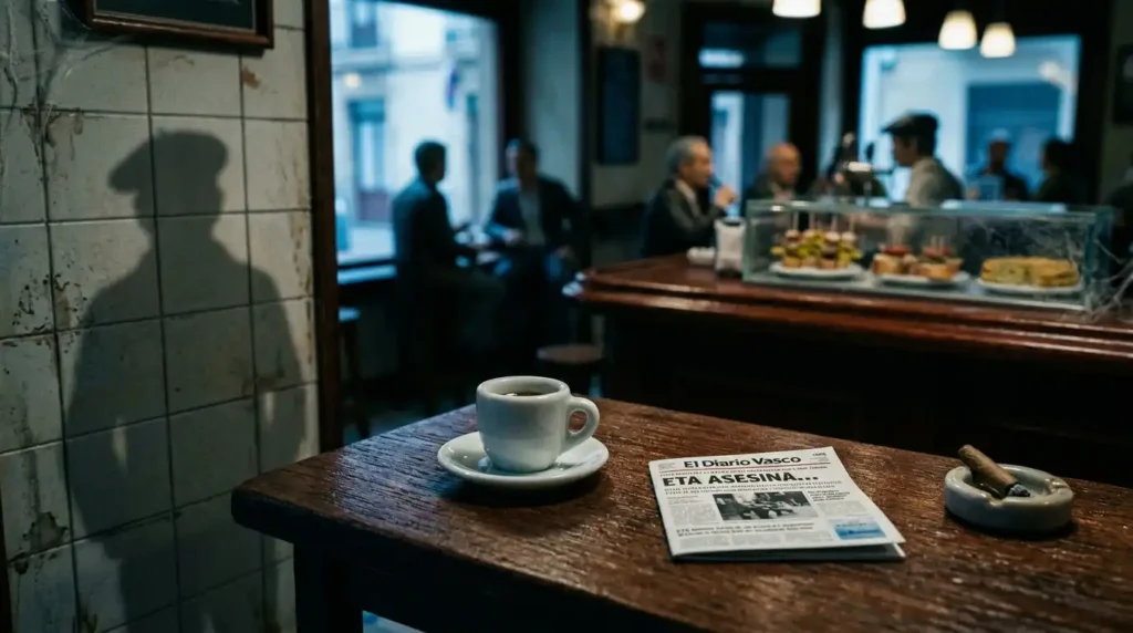 El doloroso regreso de la familia de Gregorio Ordóñez al bar donde cambió todo Ilustración con recreación digital que muestra un bar en Donosti con un periódico que dice "asesinato eta" , representando los tiempos oscuros de españa