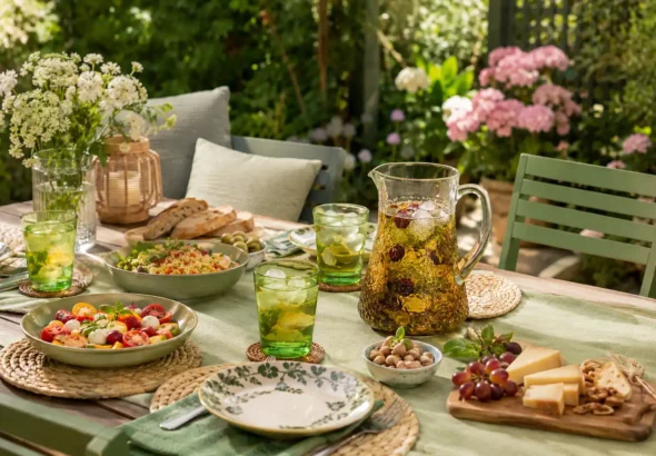 Imagen que muestra una mesa con infusiones frías preparas en un jardín